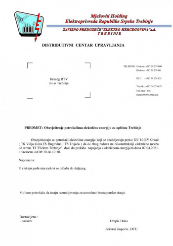 Obavještenje potrošačima električne energije za grad Trebinje